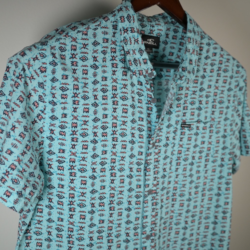 ONeill Mens XL Modern Fit Turquoise Tribal Geometric Print Button Down Shirt - Picture 3 of 8